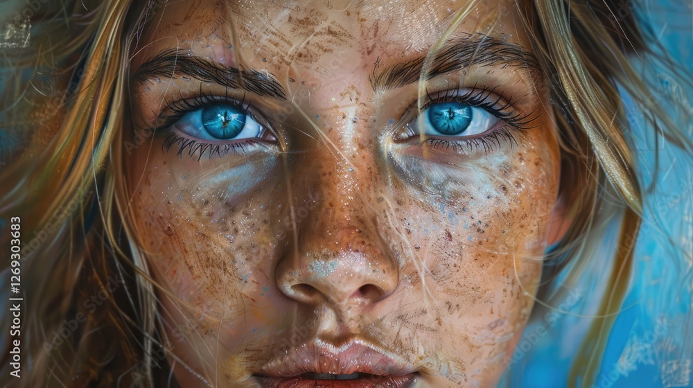 Close-up portrait of a young woman with striking blue eyes and freckles, set against a vibrant, abstract background Close-up portrait of a young woman with striking blue eyes and freckles, set against a vibrant, abstract background