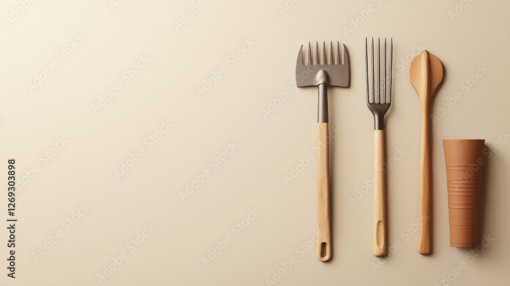 Gardening tools showcase indoor studio product minimalist setup close-up view organic gardening concept Gardening tools showcase indoor studio product minimalist setup close-up view organic gardening concept