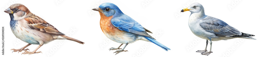 Fototapeta premium Colorful bird illustrations, detailed wildlife art, natural habitat depiction, educational nature images.