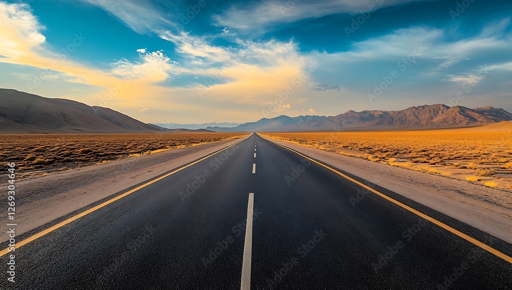 Naklejka premium A long straight road stretches across a vast arid landscape under a dramatic sky with mountains in the distance conveying a sense of journey adventure and the open road