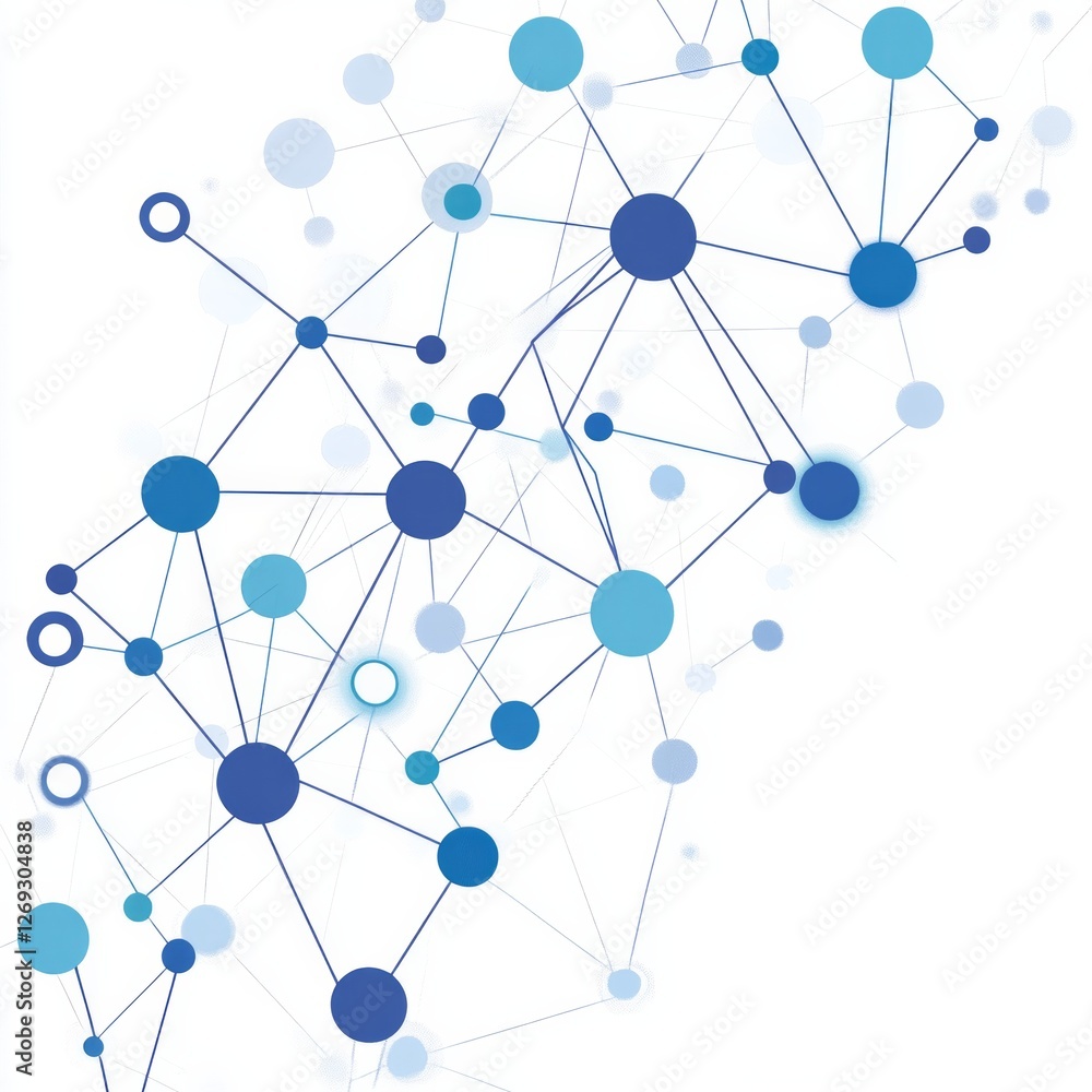 Abstract network with interconnected blue dots and lines on white background Abstract network with interconnected blue dots and lines on white background