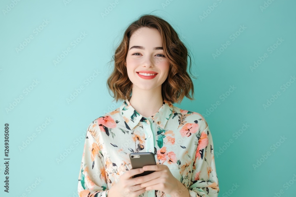 Smiling woman holding mobile device in light teal studio, adorned in floral-patterned shirt Smiling woman holding mobile device in light teal studio, adorned in floral-patterned shirt