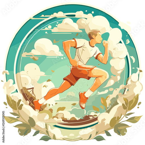 Man running energetically in dynamic pose, fitness mood, colorful vector art