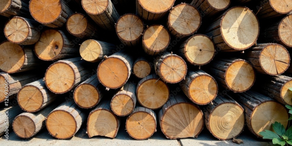 Stack of neatly arranged timber logs, showcasing the concentric rings and natural texture of the wood, ready for processing or use in construction Stack of neatly arranged timber logs, showcasing the concentric rings and natural texture of the wood, ready for processing or use in construction