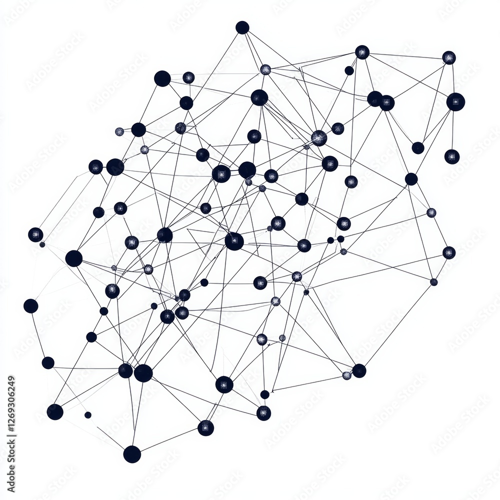 Complex network of connected nodes and lines illustrating interconnected digital data structure Complex network of connected nodes and lines illustrating interconnected digital data structure
