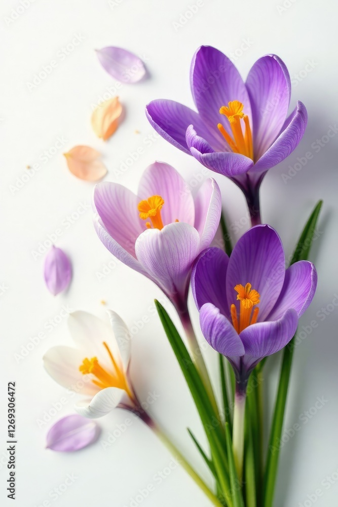 Delicate crocus flowers in varying colors spread across a crisp white background, nature, petals Delicate crocus flowers in varying colors spread across a crisp white background, nature, petals