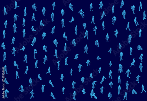 A blue background with many people in various poses. The people are all wearing blue and are scattered throughout the image. Scene is lively and energetic