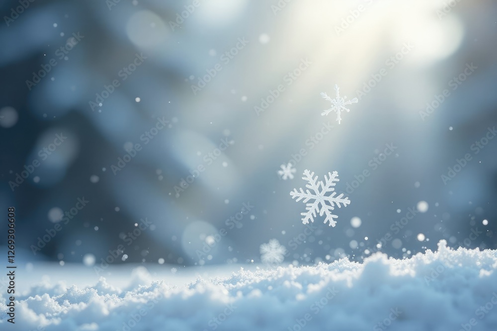 Fototapeta premium Delicate snowflakes suspended in mid-air against a soft gray abstract background, serene atmosphere, snowy mist, delicate flakes