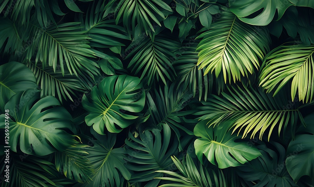 A lush tapestry of tropical foliage featuring vibrant green palm leaves and monstera creating a dense jungle backdrop with a sense of depth and natural beauty A lush tapestry of tropical foliage featuring vibrant green palm leaves and monstera creating a dense jungle backdrop with a sense of depth and natural beauty