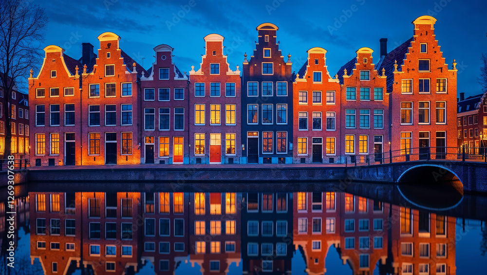 Fototapeta premium Traditional dutch houses reflecting on canal at dusk with illuminated windows