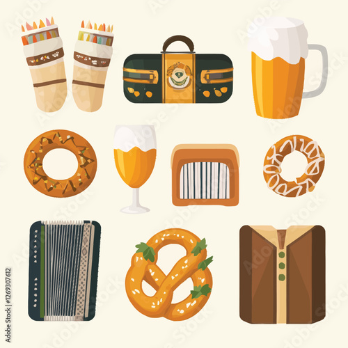 Oktoberfest celebration with a beer stein, pretzel, and accordion.
