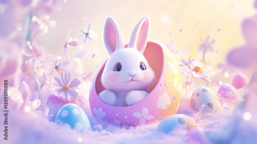 Obraz premium A cute Easter bunny inside an open, colorful egg with flowers and eggs around it.