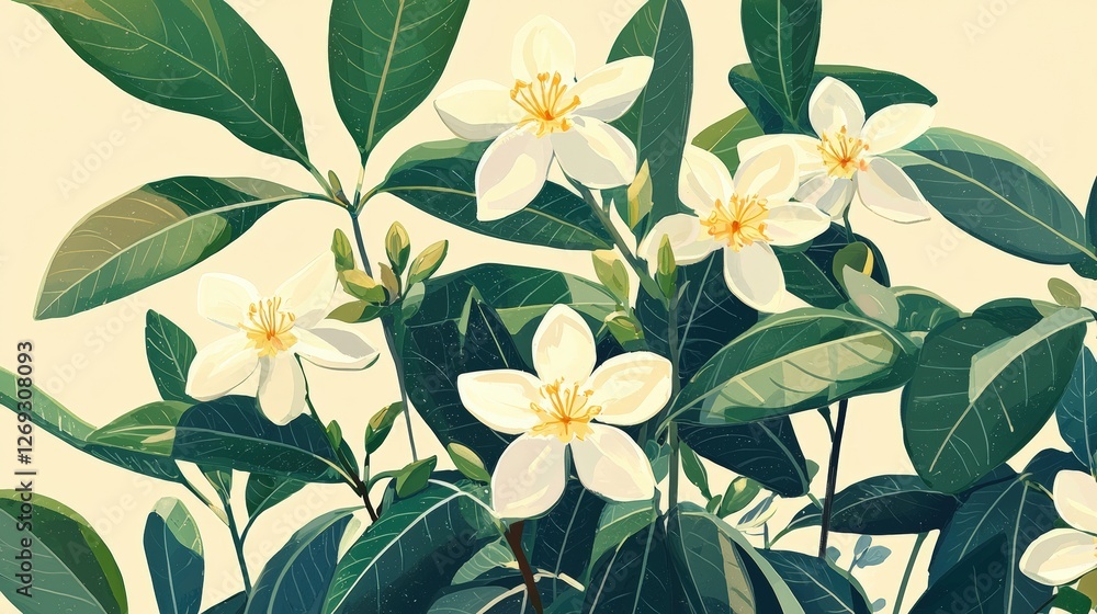 Fototapeta premium Delicate White Jasmine Flowers Against Elegant Green Leaves Digital Illustration