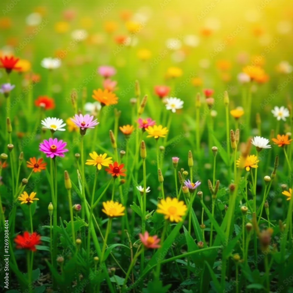 Rainbow-colored flowers in a field of tall grass, grass, nature, fields Rainbow-colored flowers in a field of tall grass, grass, nature, fields