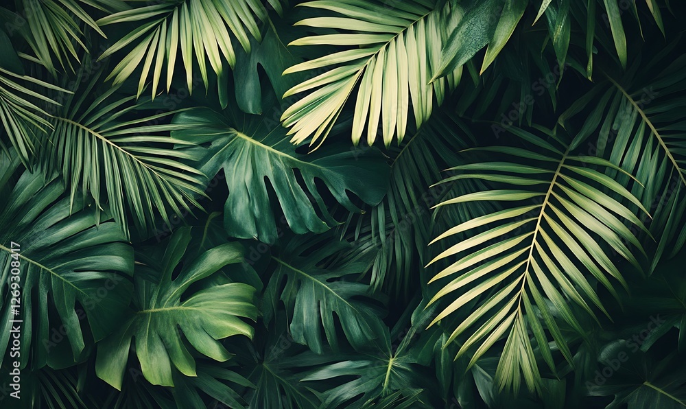 A lush tapestry of tropical foliage featuring vibrant green palm leaves and monstera creating a dense jungle backdrop with a sense of depth and natural beauty A lush tapestry of tropical foliage featuring vibrant green palm leaves and monstera creating a dense jungle backdrop with a sense of depth and natural beauty