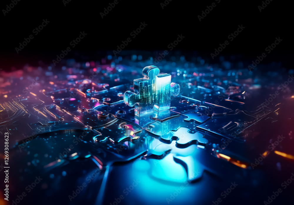 A transparent puzzle piece stands upright on a textured surface, bathed in blue and purple light. The scene is abstract and futuristic, with a digital, glowing aesthetic. A transparent puzzle piece stands upright on a textured surface, bathed in blue and purple light. The scene is abstract and futuristic, with a digital, glowing aesthetic.