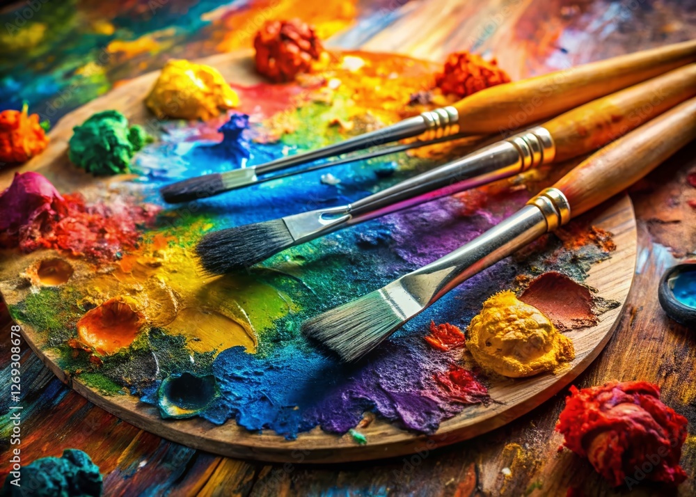 Fototapeta premium Vibrant Artist Palette: Colorful Paints & Brushes, Rule of Thirds Composition