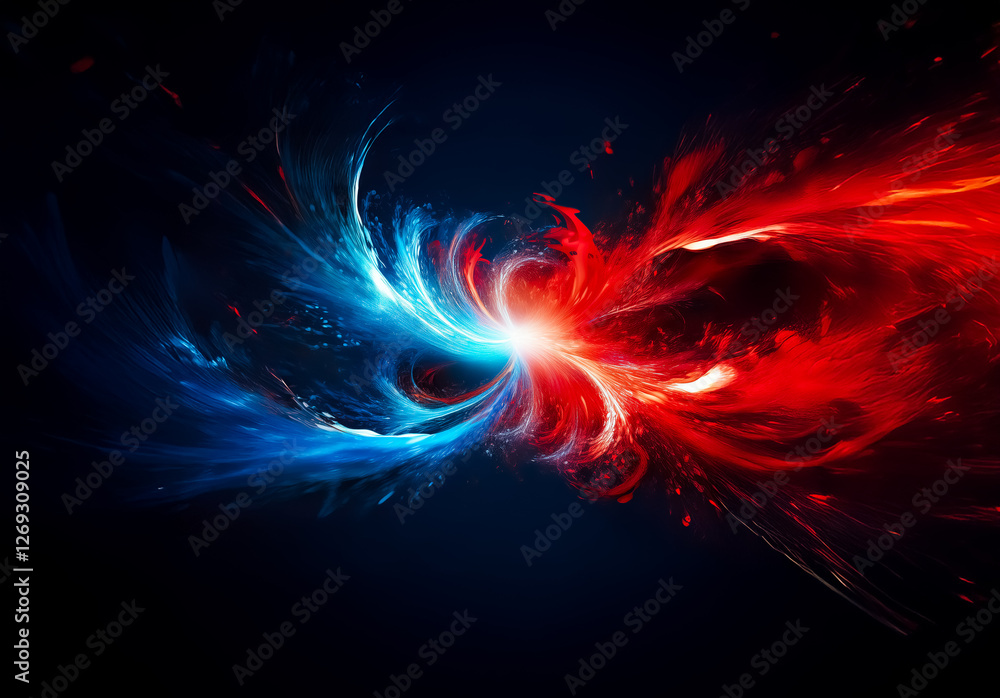 Obraz premium Dynamic swirling blue and red light create an abstract energy explosion. Cool and warm colors meet in a vibrant, fiery display on a dark background.