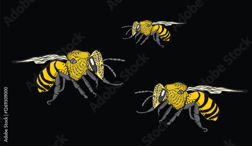 Three bees flying and showing their stingers and wings