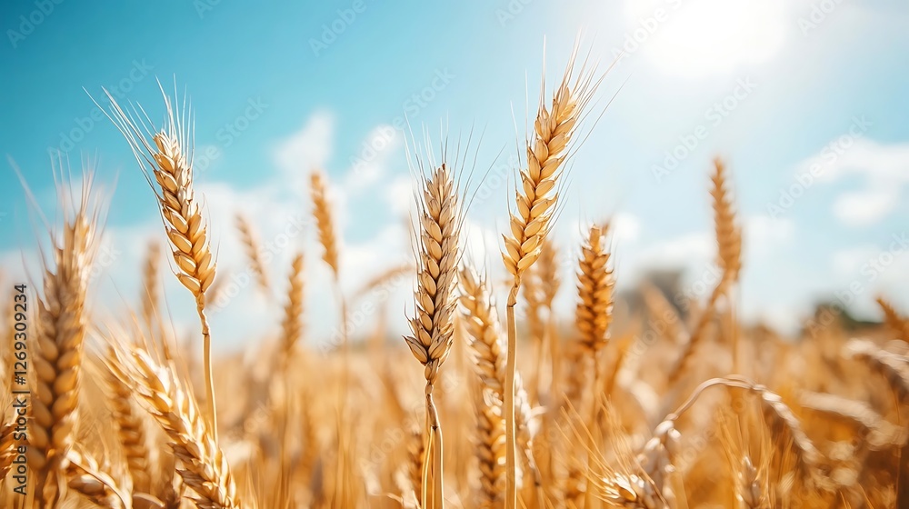 Fototapeta premium Golden Wheat Stalks Bask In Sunny Summer Day