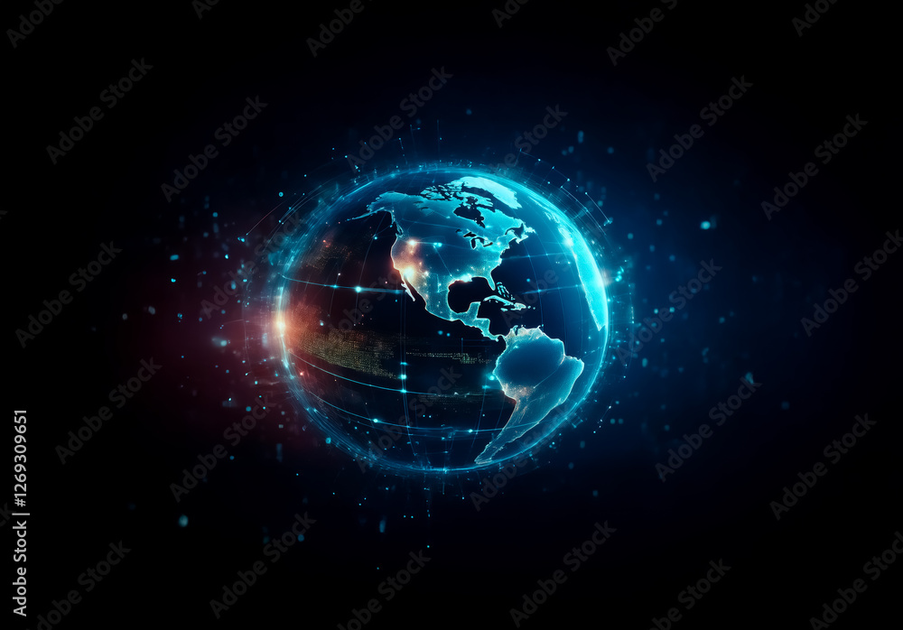 Fototapeta premium A digital globe with glowing network connections is displayed over a dark backdrop. Bright lights and lines symbolize global communication and modern technology.
