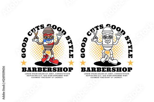 barber pole lamp retro cartoon character mascot illustration collection set with standing pose, holding hair cutting scissors and waving hand for hair cut and shave barbershop mascots and merchandise