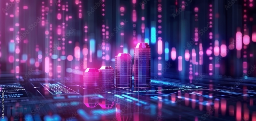 Obraz premium A futuristic cityscape with glowing skyscrapers and vibrant digital data patterns in purple and blue colors.