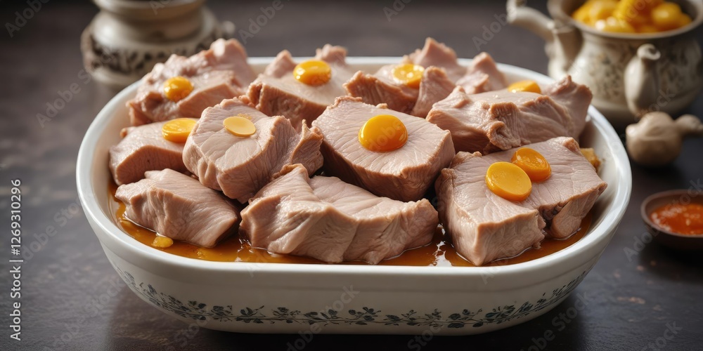 Steamed pork ribs with salted egg yolks served in a delicate ceramic bowl, steaming hot, delicate bowl, tender meat Steamed pork ribs with salted egg yolks served in a delicate ceramic bowl, steaming hot, delicate bowl, tender meat