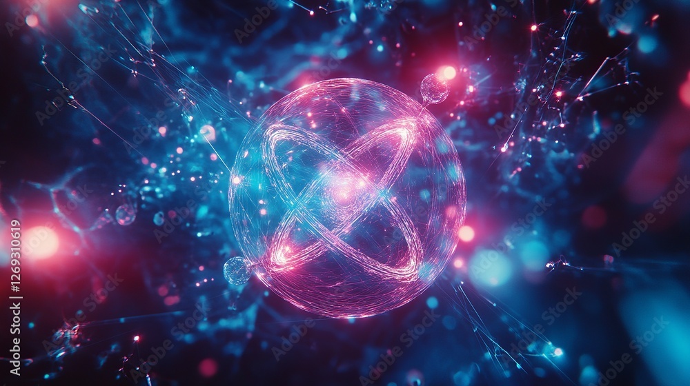 Obraz premium Abstract Pink Blue Atomic Structure Energy Sphere Digital Art Futuristic Technology Background Modern Design Science Illustration Network Connection 