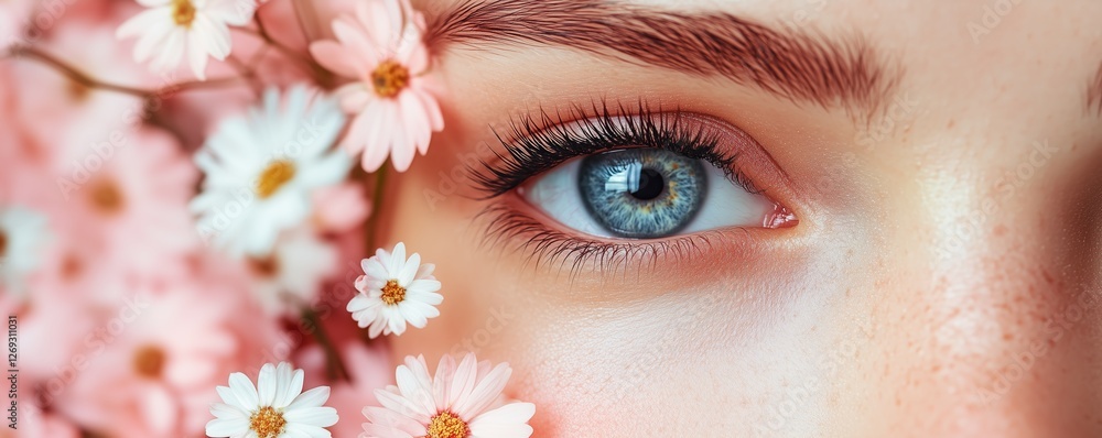 Close-Up Portrait of a Woman with Blue Eyes and Freckles Surrounded by White Flowers on a Soft Pink Background Close-Up Portrait of a Woman with Blue Eyes and Freckles Surrounded by White Flowers on a Soft Pink Background