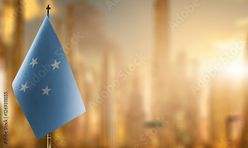 Small flags of the Federated States Micronesia on an abstract blurry background photo