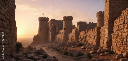 Stone walls and towers of the Al Fahidi Fort at sunset , ancient architecture, warm tones photo