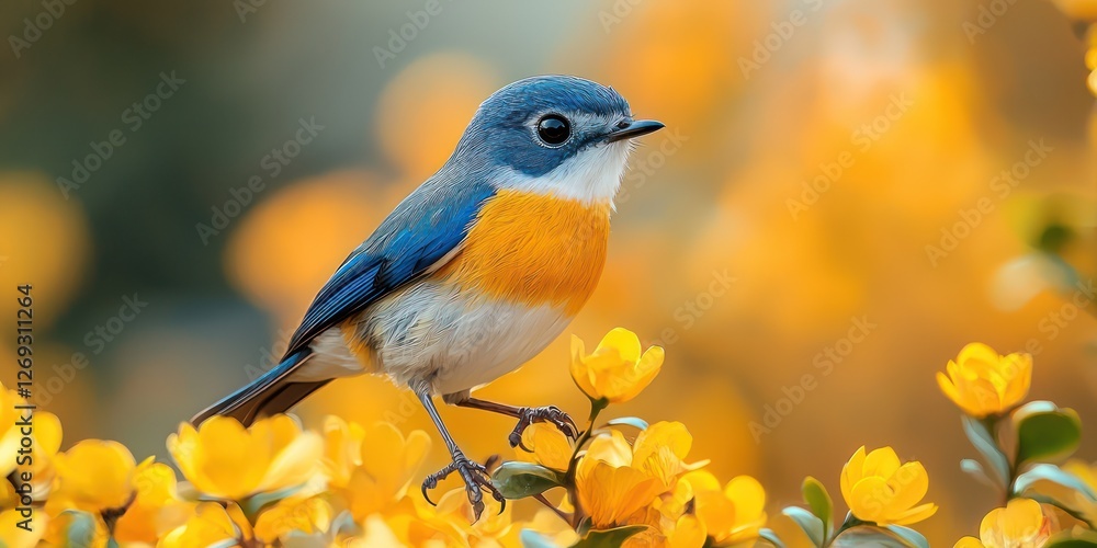 A captivating fairy bird rests delicately among bright yellow flowers, showcasing its colorful plumage, as it basks in the warmth of spring, symbolizing life and freedom A captivating fairy bird rests delicately among bright yellow flowers, showcasing its colorful plumage, as it basks in the warmth of spring, symbolizing life and freedom