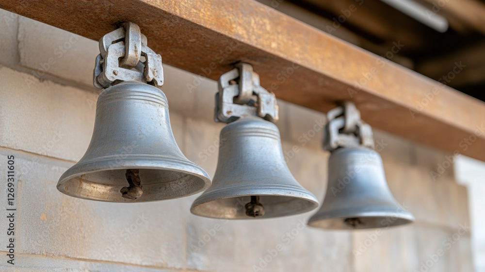 Background, Three metallic bells hanging from a wooden beam against a rustic background. Background, Three metallic bells hanging from a wooden beam against a rustic background.