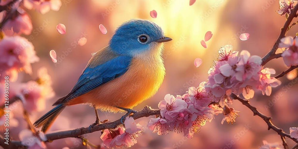 A stunning fairy bird sits gracefully on a branch adorned with cherry blossoms, basking in the warm glow of spring, showcasing its enchanting colors and vibrant surroundings A stunning fairy bird sits gracefully on a branch adorned with cherry blossoms, basking in the warm glow of spring, showcasing its enchanting colors and vibrant surroundings