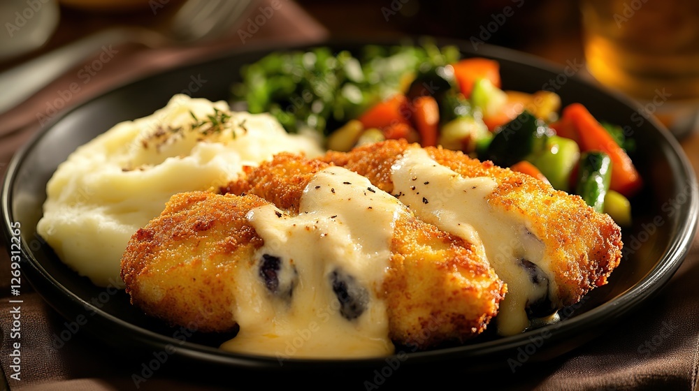 Golden-breaded Chicken Cordon Bleu, crispy on the outside, with melted cheese inside, served with mashed potatoes and sautéed vegetables Golden-breaded Chicken Cordon Bleu, crispy on the outside, with melted cheese inside, served with mashed potatoes and sautéed vegetables