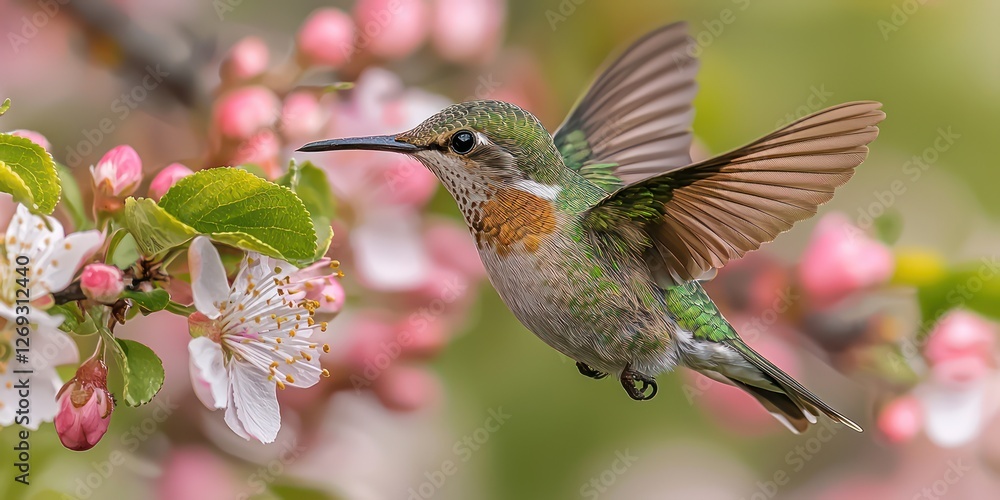 Naklejka premium Vibrant feathers glisten in the light as a fairy bird flits gracefully among blooming flowers, embodying the essence of spring and the joy of flight