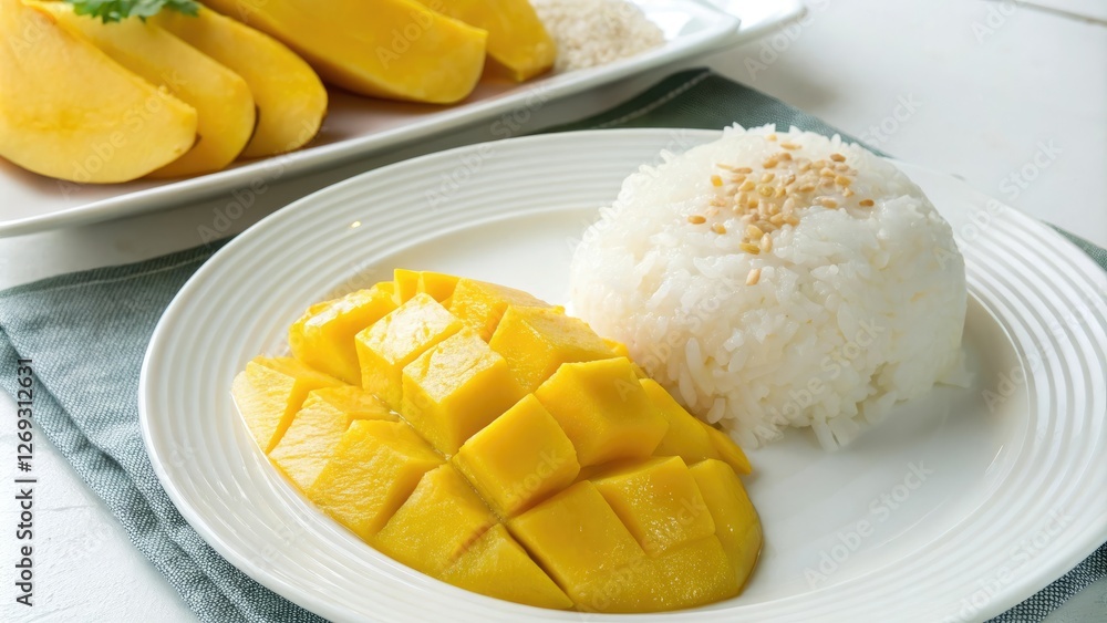 Sweet yellow mango slices on a white plate with sticky rice next to it, fruit and rice, dessert table setting Sweet yellow mango slices on a white plate with sticky rice next to it, fruit and rice, dessert table setting