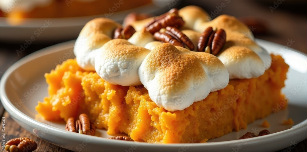 Sweet potato casserole with a creamy marshmallow topping and crunchy pecans, crunchy, marshmallow