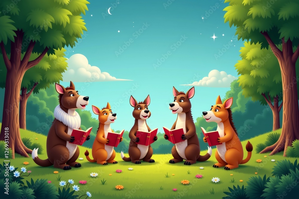 Fototapeta premium Colorful illustration of animals singing carols joyfully in nature, surrounded by trees and flowers. Concept highlights animals singing carols in a festive atmosphere.