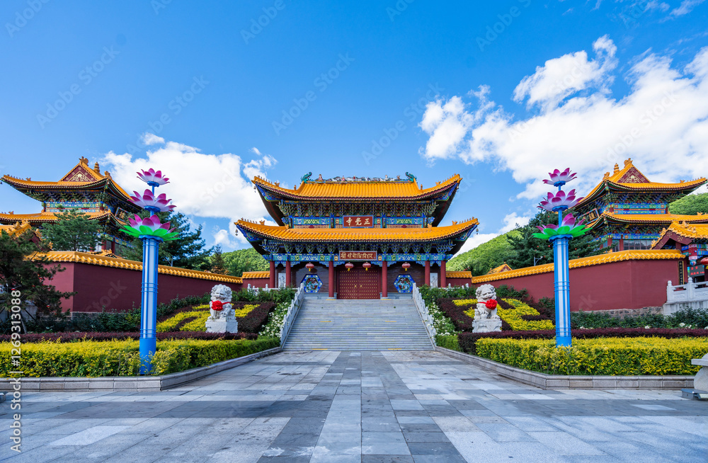 Fototapeta premium Landscape of Zhengjue Temple, Liudingshan cultural tourism area, Dunhua, Jilin Province 