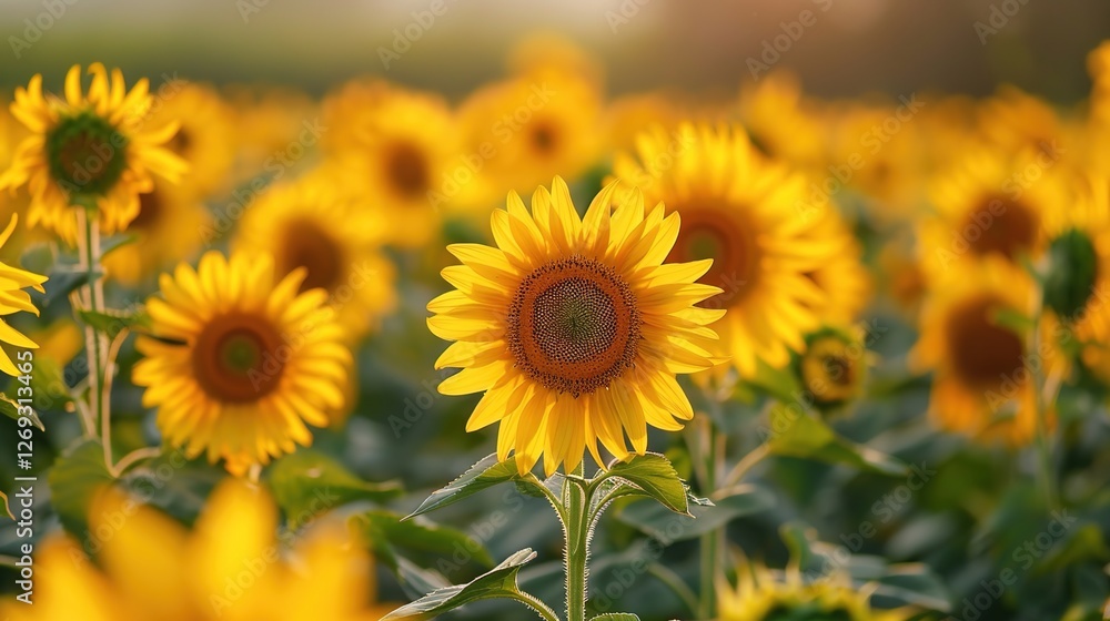 Fototapeta premium Immersive Summer Sunflower Field Scenery: Golden Blooms Under Azure Skies – Vibrant Background Images for Floral Wallpapers, Seasonal Branding, and Nature-Inspired Design with Rustic Charm, Warm Color