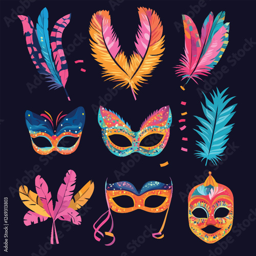 A vibrant 2D vector of Carnival decorations like feathers, masks, and streamers.