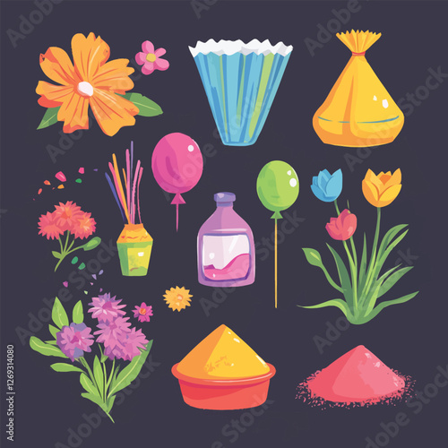 A lively 2D vector of Holi festival items like colored powders, water balloons, and flowers.