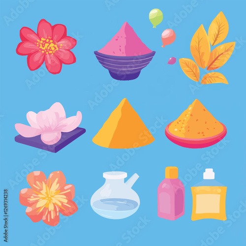 A lively 2D vector of Holi festival items like colored powders, water balloons, and flowers.