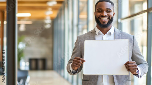 African American businessman holding blank sign in modern office photo