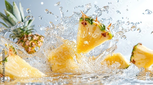 Fresh pineapple slices splashing into water, creating dynamic waves and droplets