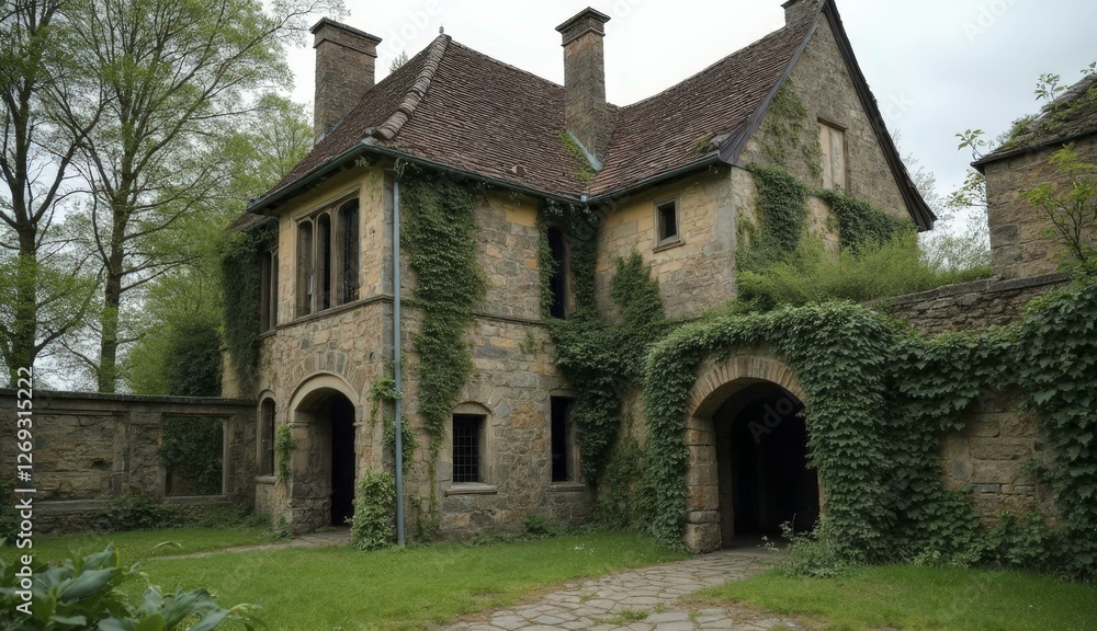 Rustic Abandoned Stone House With Ivy Overgrowth In Serene, Overcast Setting Rustic Abandoned Stone House With Ivy Overgrowth In Serene, Overcast Setting