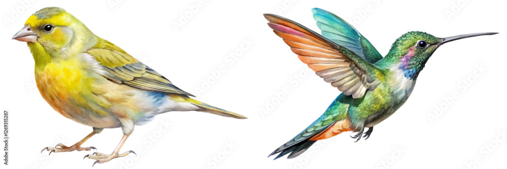 Fototapeta premium Colorful birds illustration, vibrant watercolor style, detailed feather textures, nature art, wildlife representation.