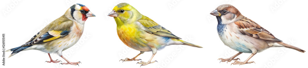 Fototapeta premium Colorful birds illustration, realistic bird art, detailed wildlife painting, nature depiction, avian species representation.